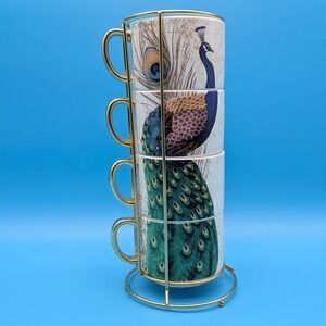 Cracker Barrel set of 4 Stacking Peacock Mugs with Stand